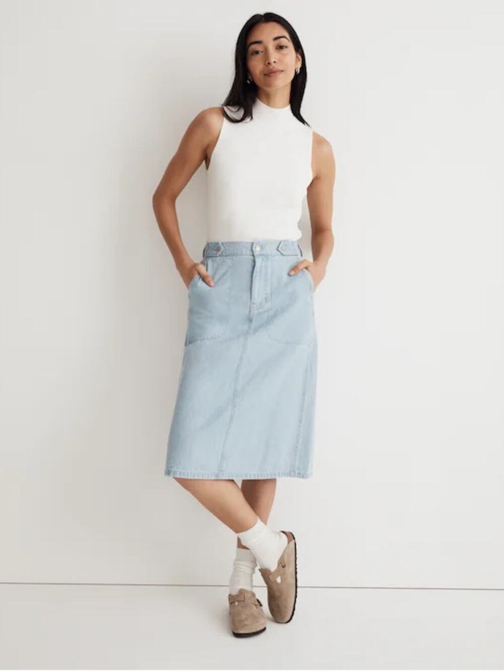 NWT Madewell Denim Tab-Waist A-Line Midi Skirt in Lynnhaven Wash Size 26